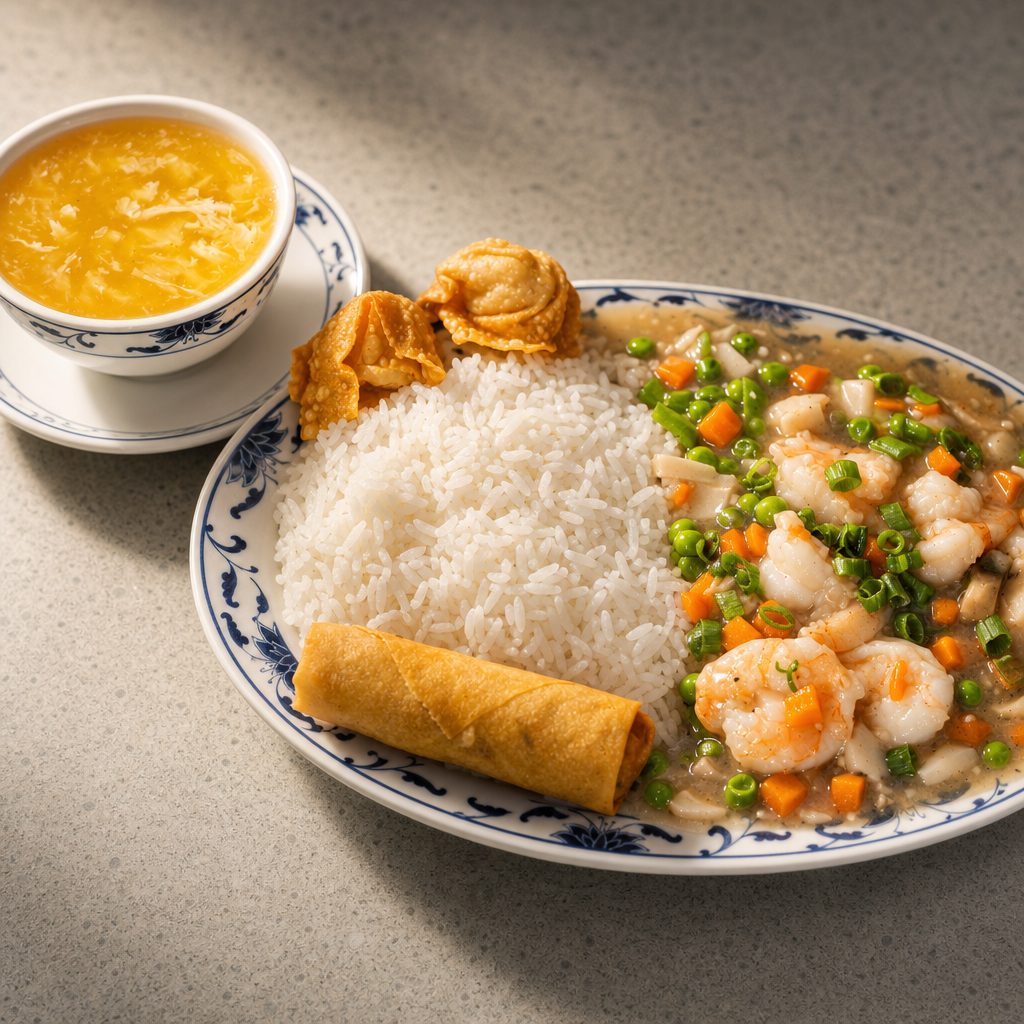 Combo Plate - Shrimp with Lobster Sauce.