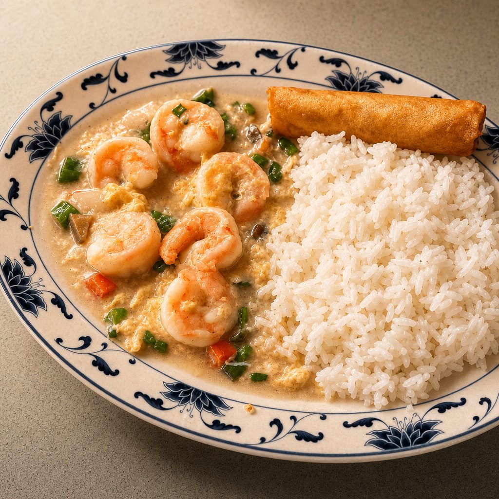 Lunch Plate - Shrimp with Lobster Sauce.